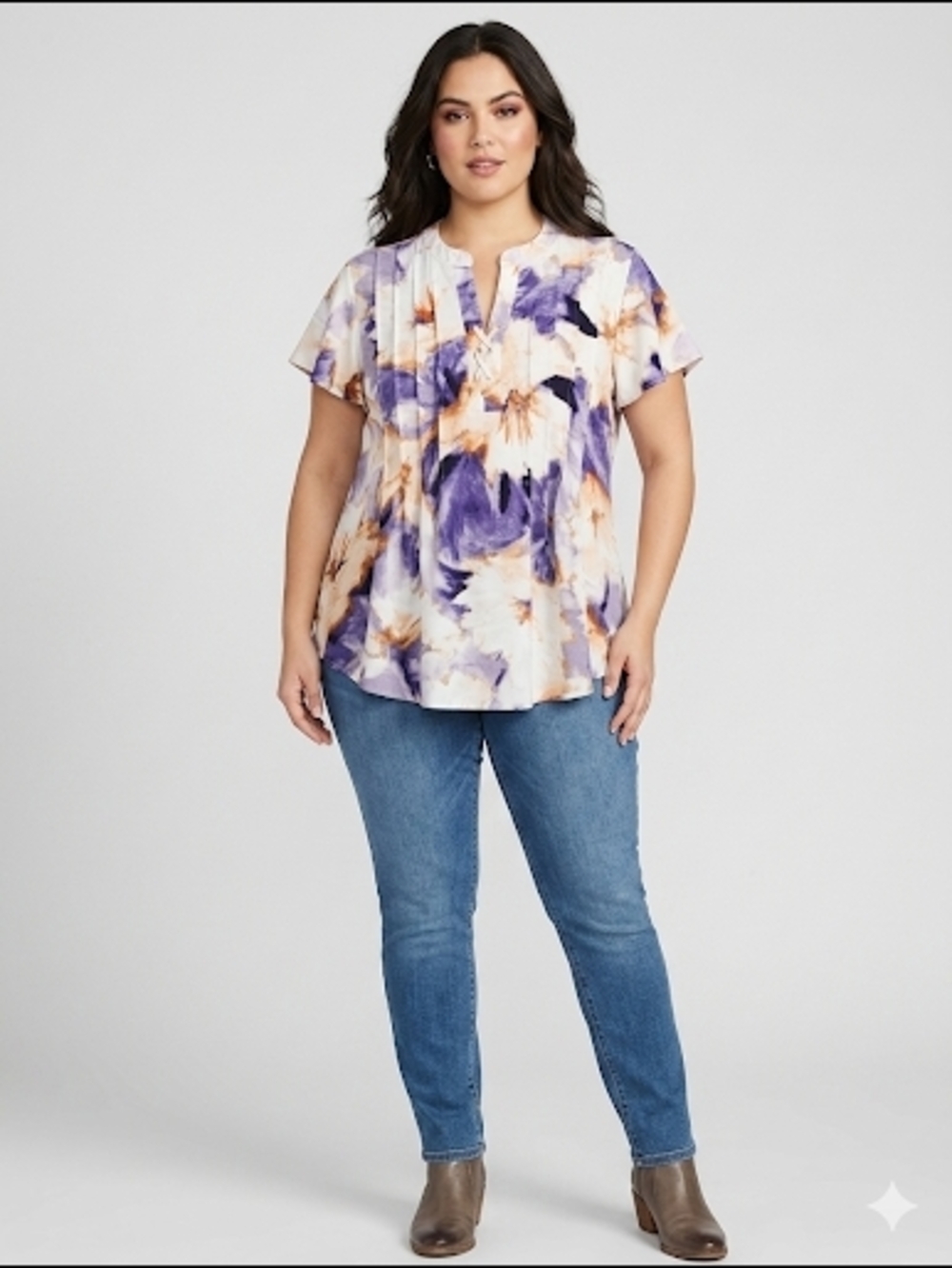 Ava & Grace Purple Watercolor Floral Lace-Up Pleated Blouse 1X